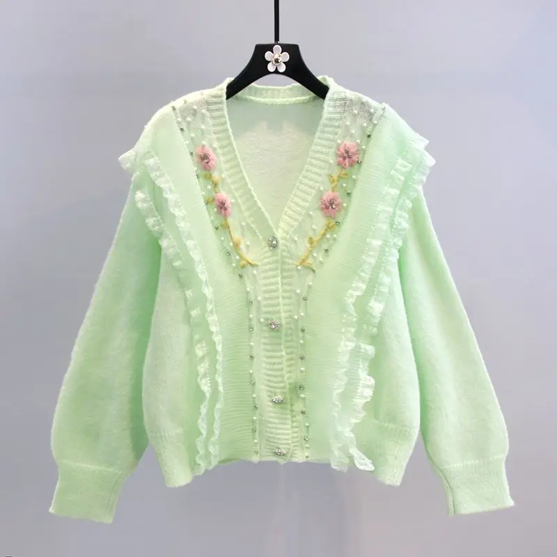 Vintage Floral Embroidery Knittsd Cardigan Women Autumn Sweet Fashion Sweater Coat Korean Preppy Style Lolita Lace Sweater Coat