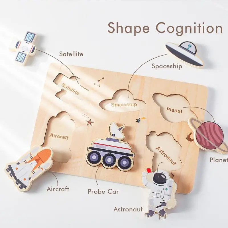 Set di puzzle per animali in legno massello Set di puzzle di corrispondenza di modelli Divertenti astronauti Puzzle incorporati Giocattoli di apprendimento per ragazzi e ragazze