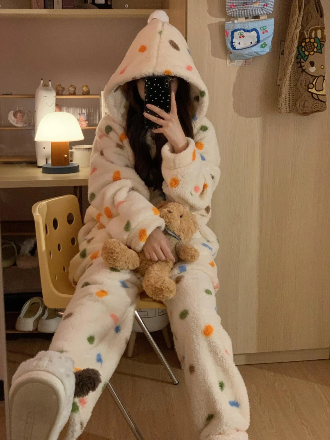 Colorful Dot Plush Pajama Sets Winter Warm Fluffy Zipper Sleepwear Pocket Women Soft Christmas PJS Y2K Korean Kawaii Nightwear