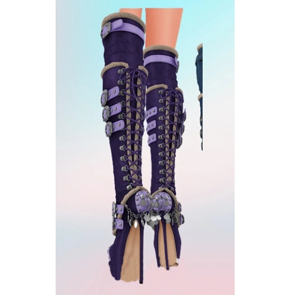 Blue Buckle Belts Fur Metal Rivets Over the Knee Boots Strappy Chain Decor Fashion Women Shoes 2025 New Design Party Para Mujere