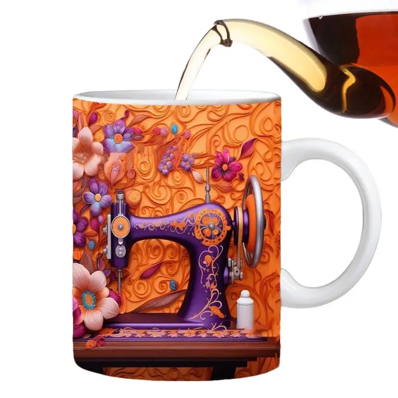 

Sewing Painted Mug Sewing Machine Coffee Cup Dishwasher Safe Novelty Coffee Mug With 3D Floral Sewing Machine For Tea And Coffee