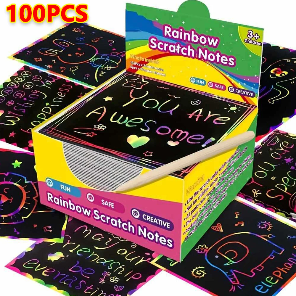 100 Stück DIY-Kratzpapier-Kunstset, Regenbogen-Karte, Kratzpapier, magisches Papier mit 2 Bambus-Stylus, schwarze Kratznotizen, Weihnachten, Geburtstagsgeschenk