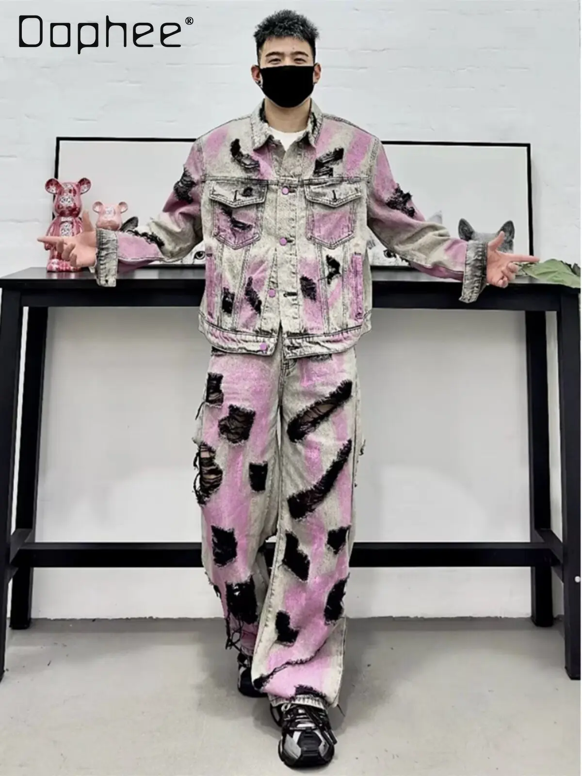 Spring Men's High Street Pink Gray Tie Dye Denim 2-Piece Set Button Up Jacket & Ripped Wide Leg Pants Casual Streetwear Outfit