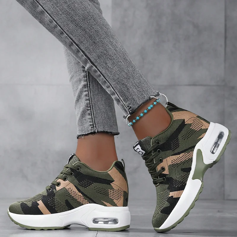 Frauen Höhe Erhöhen Turnschuhe Air Kissen Laufschuhe Sport Schuhe Femal Mesh Atmungsaktive Flache Hohe Ferse Schuhe Camouflage Grüne Schuhe