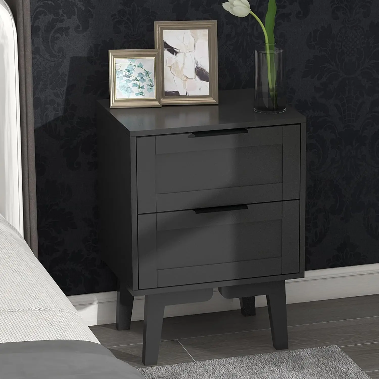 

Modern Black Night Stand with Drawer Mid Century Wooden Nightstand Bedside Table End Table with Storage for Bedroom 22 Inch B