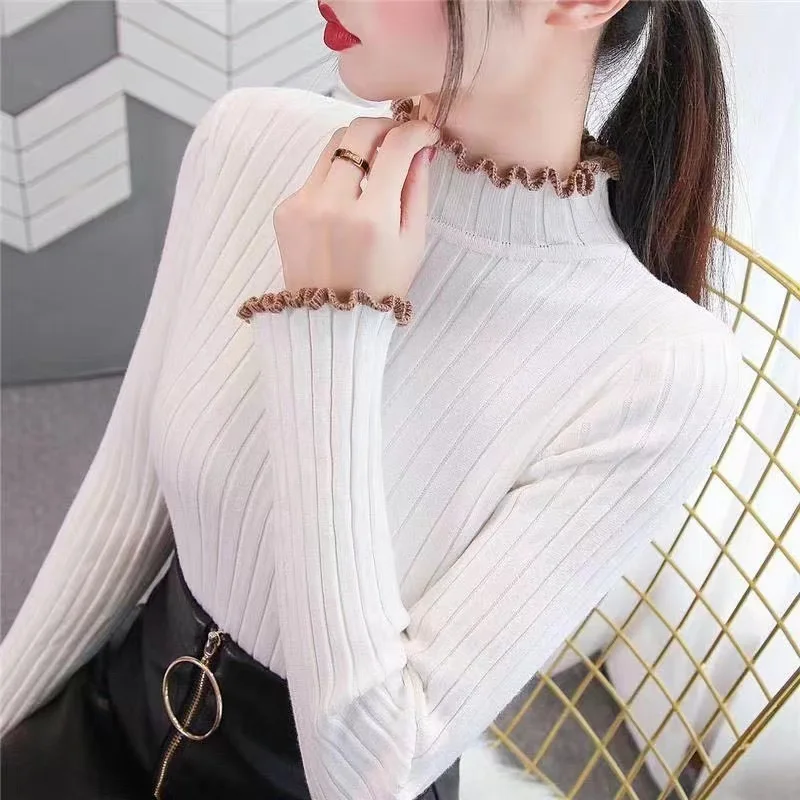 

Solid Color Pullover 2022 Autumn And Winter New Fungus Edge Thickened Half Turtleneck Sweater Women's Slim Knitted Top