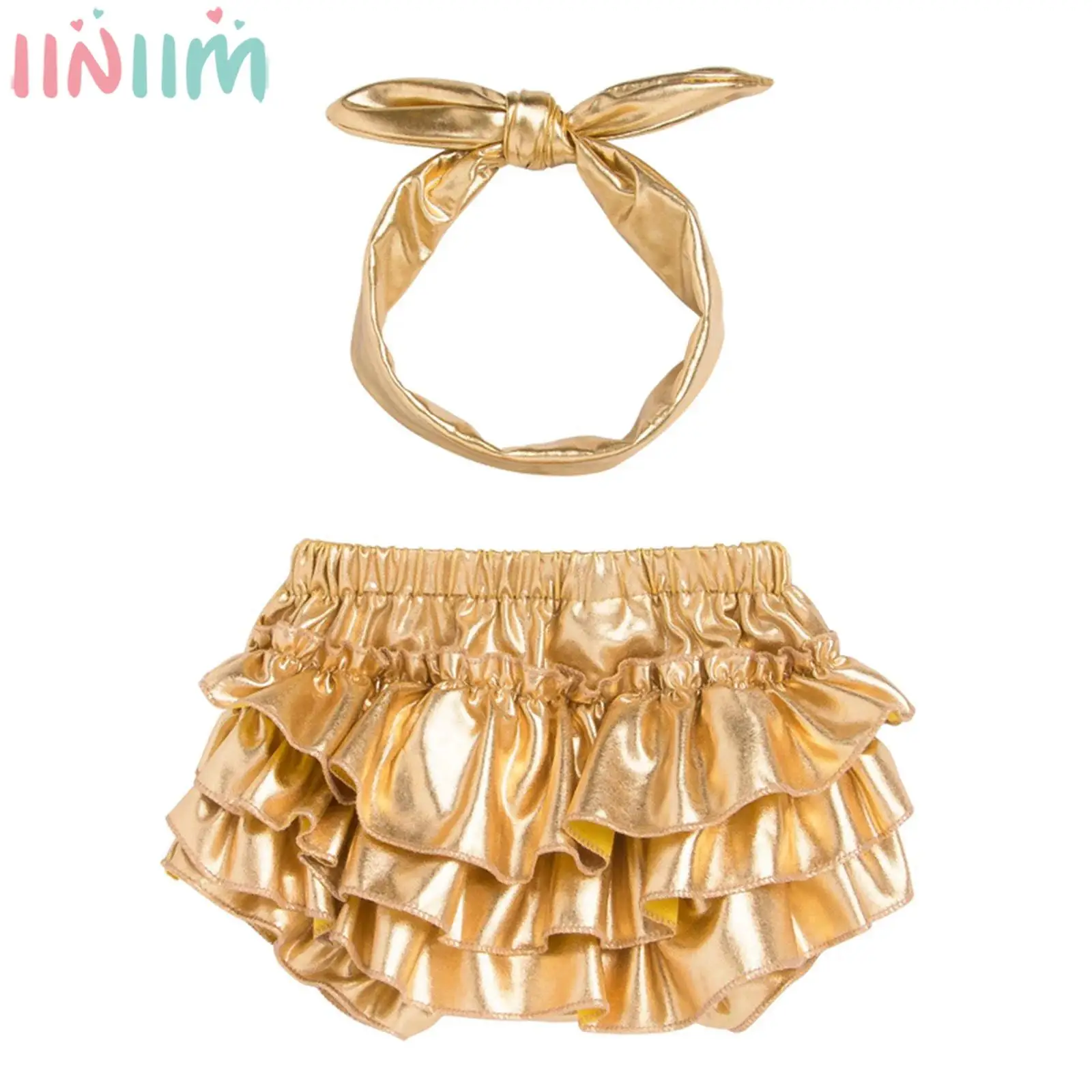 

Newborn Baby Girls Tiered Ruffles Metallic Shiny Bloomers Shorts with Headband Diaper Cover for Daily Birthday Party Photography