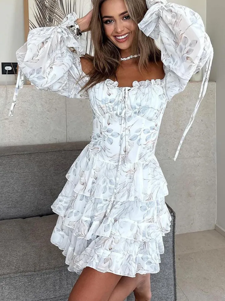 

Blifanbo Print Elegant Sexy Mini Dress For Women 2025 New Square Neck Puff Sleeve Lace-up High Waist Print Fashion Cake Dress