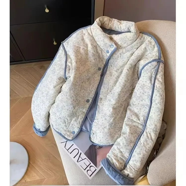 Coreano gola floral algodão jaqueta feminina outono inverno quente curto algodão acolchoado outerwear doce design azul topos