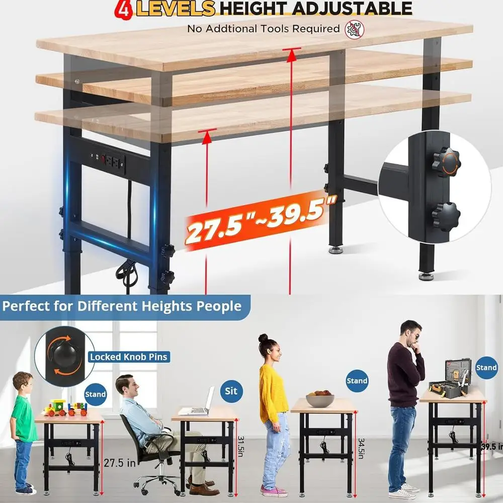 Banco de trabajo ajustable, tomas de corriente de escritorio, mesa resistente de madera maciza, carga de 2000 LBS
