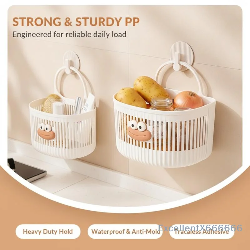 Plastic Hanging Storage Basket No Drill Wall Friendly Sticky Hook Organizer for Bathroom Toiletries Shower Gels