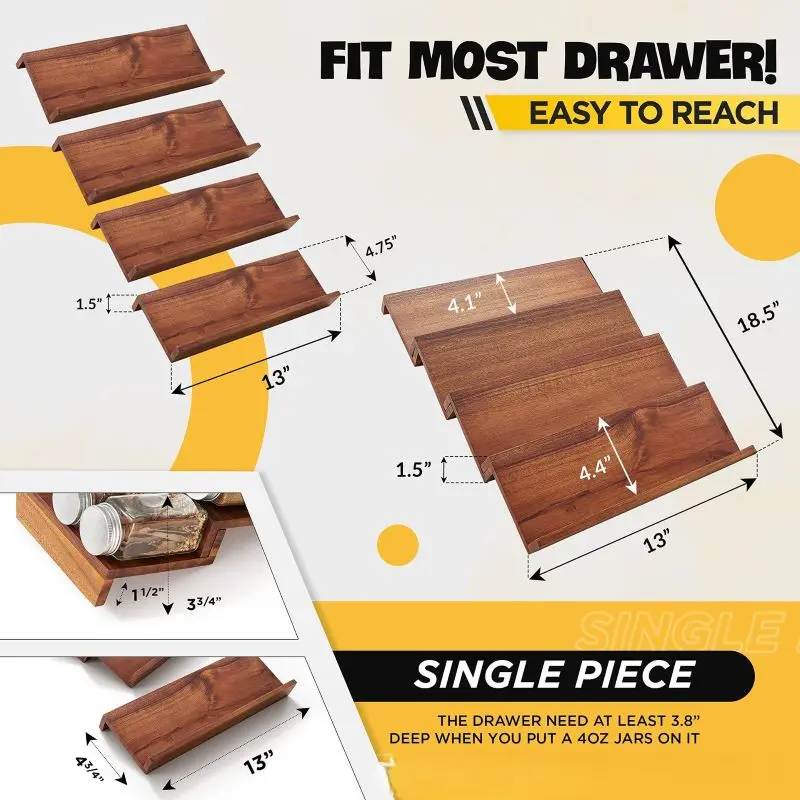 4 Tier Spice Rack Organizer for Drawer Acacia Wood Tray Spice Racks Organizer for Cabinet Storage Shelf Spice Drawer Organizer