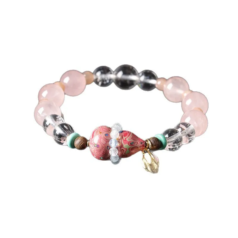 Chinese Style 10mm Natural Clear Quartz Bracelet For Women Handmade Traditional Lacquer Gourd Beaded Bracelet Good Luck Fortune