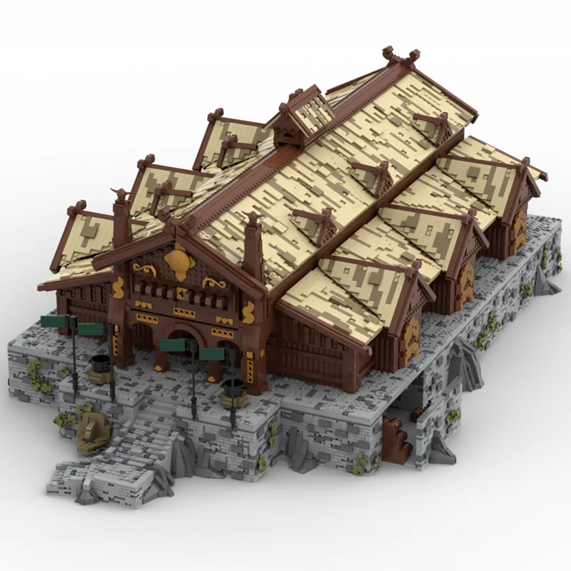 Rings Movie Kingdom Golden Hall MOC Block Model Medieval Timber Fortress on Stone Base for 251615 moc