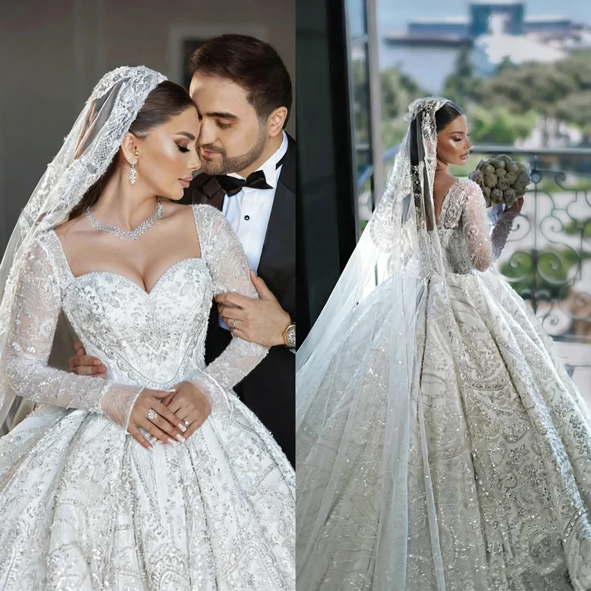 Luxurious Sparkling Lace Crystal Bead Decoration Wedding Dress Sexy High Collar Long Sleeve Auditorium Bridal Dress Customized