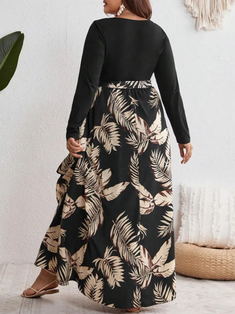 GIBSIE Plus Size Scoop Neck Long Sleeve Belted Dress Women Spring Fall Casual Vacation Tropical Print Split Big Swing Maxi Dress