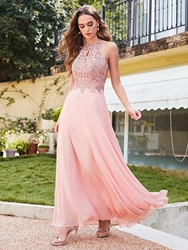 2024 New Elegant Bridesmaid Dress Halter Neck Fishtail with Beaded Motif Layers Over the Bodice Chiffon A Line Women Gown