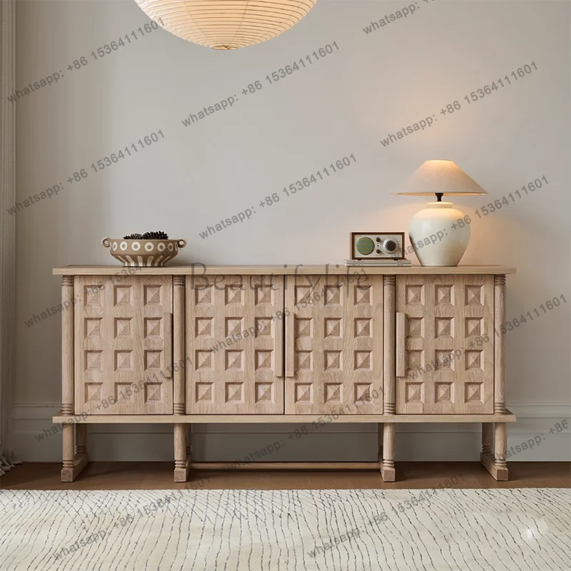 

French medieval solid wood retro dining side cabinet living room storage carving cabinet