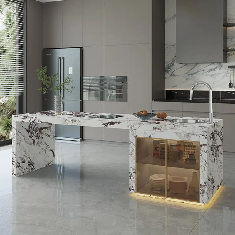 Island table integrated kitchen household luxury stone guide inverted countertop table custom rock slab restaurant