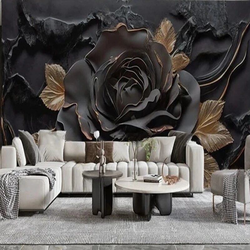 

MU8950 Modern simple and light luxury black rose high-end TV sofa background wall paper mural