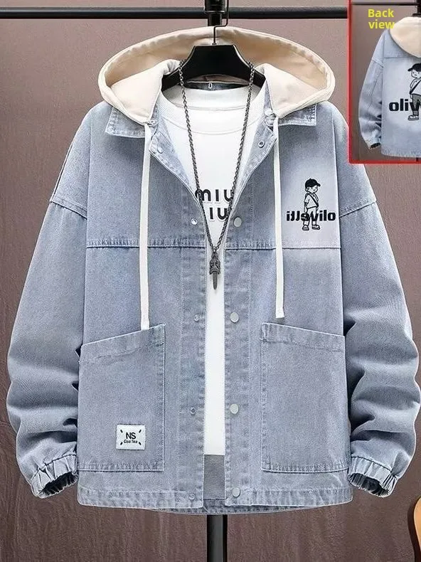 Spring 2026 Unisex Hooded Denim Jacket Casual Fashionable Jacket for Junior And High School Students Removable Hood Regular Fit