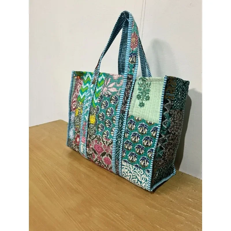 Imagem -03 - Bolsa de Ombro Acolchoada de Patchwork Turquesa Indiana para as Mulheres Bolsa de Praia de Algodão