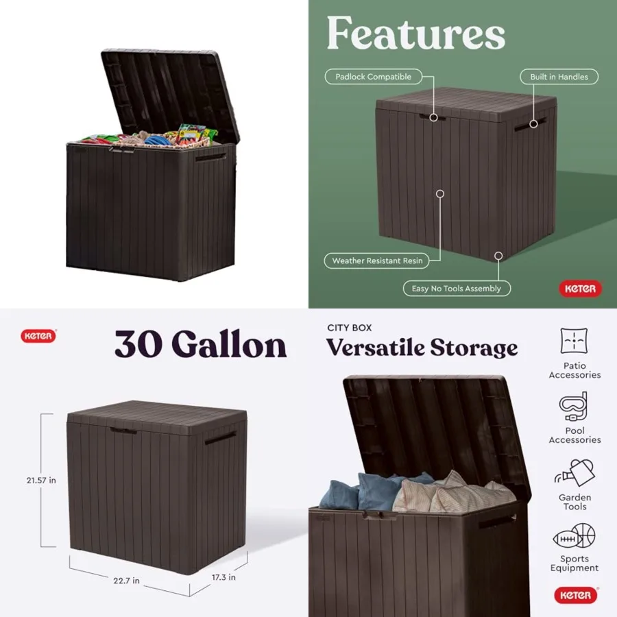 

City 30 Gallon Resin Outdoor Storage Box and Patio Furniture Side Table for Pool and Garden Accessories