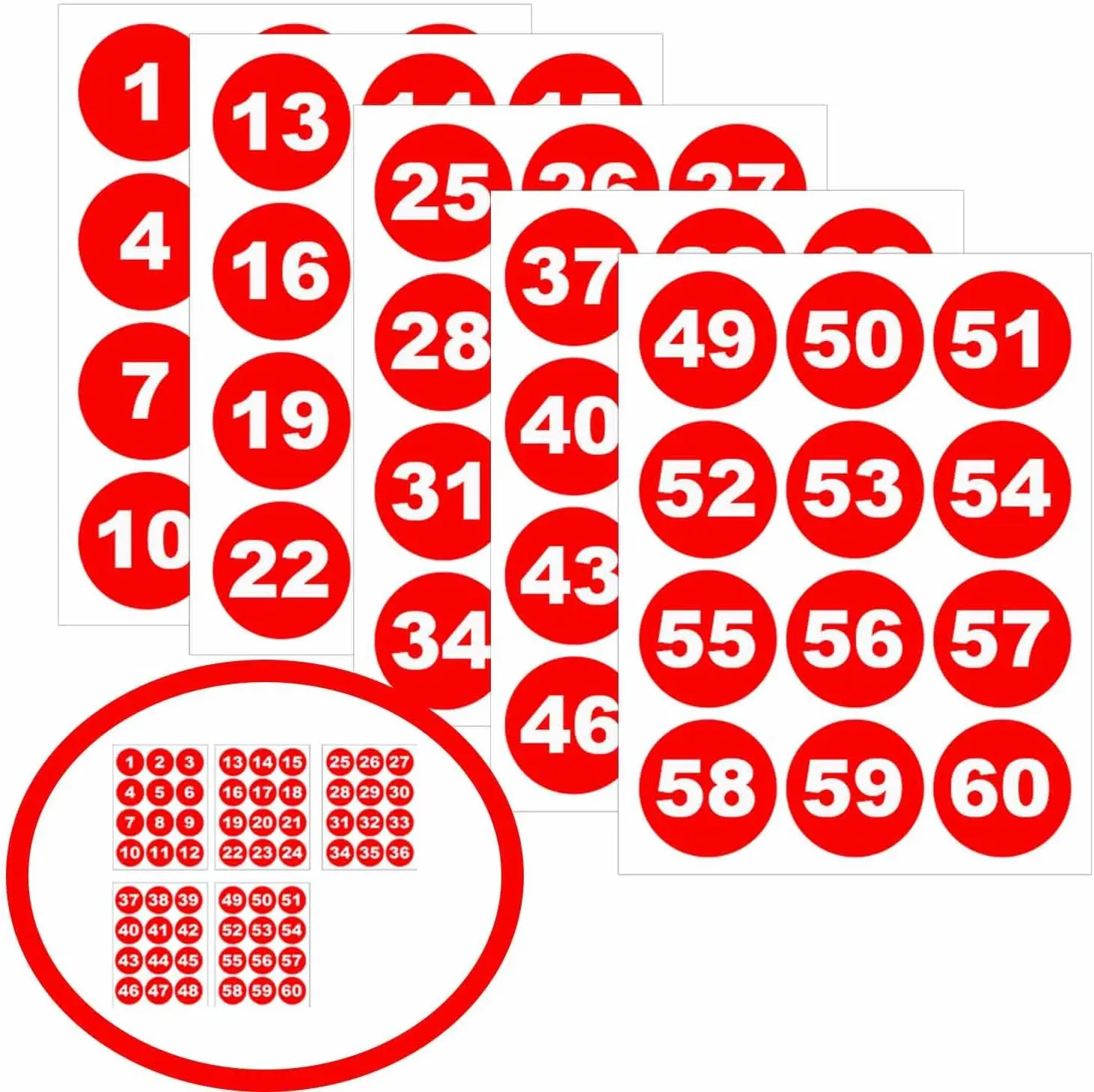 2inch Fluorescent Red Consecutive Number Stickers 1 to 60 Number Stickers for Inventory Storage Organizing Marking Bins 240pcs