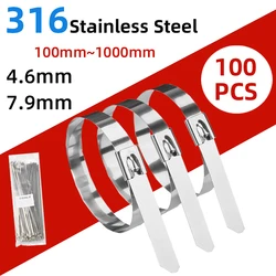 100pcs 316Stainless Steel Metal Cable Ties 4.6mm 7.9mm Length100-1000mm Self-Locking Tie Zip Wrap Exhaust Multifunctional Marine