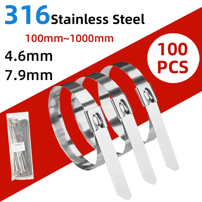 100pcs 316Stainless Steel Metal Cable Ties 4.6mm 7.9mm Length100-1000mm Self-Locking Tie Zip Wrap Exhaust Multifunctional Marine