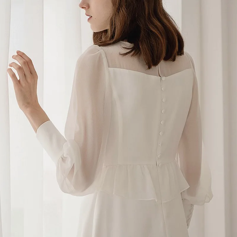 Korean-Style Light Wedding Dress Minimalist Long Sleeve round Neck Clinch Flat Waist Bride White Dinner Suit