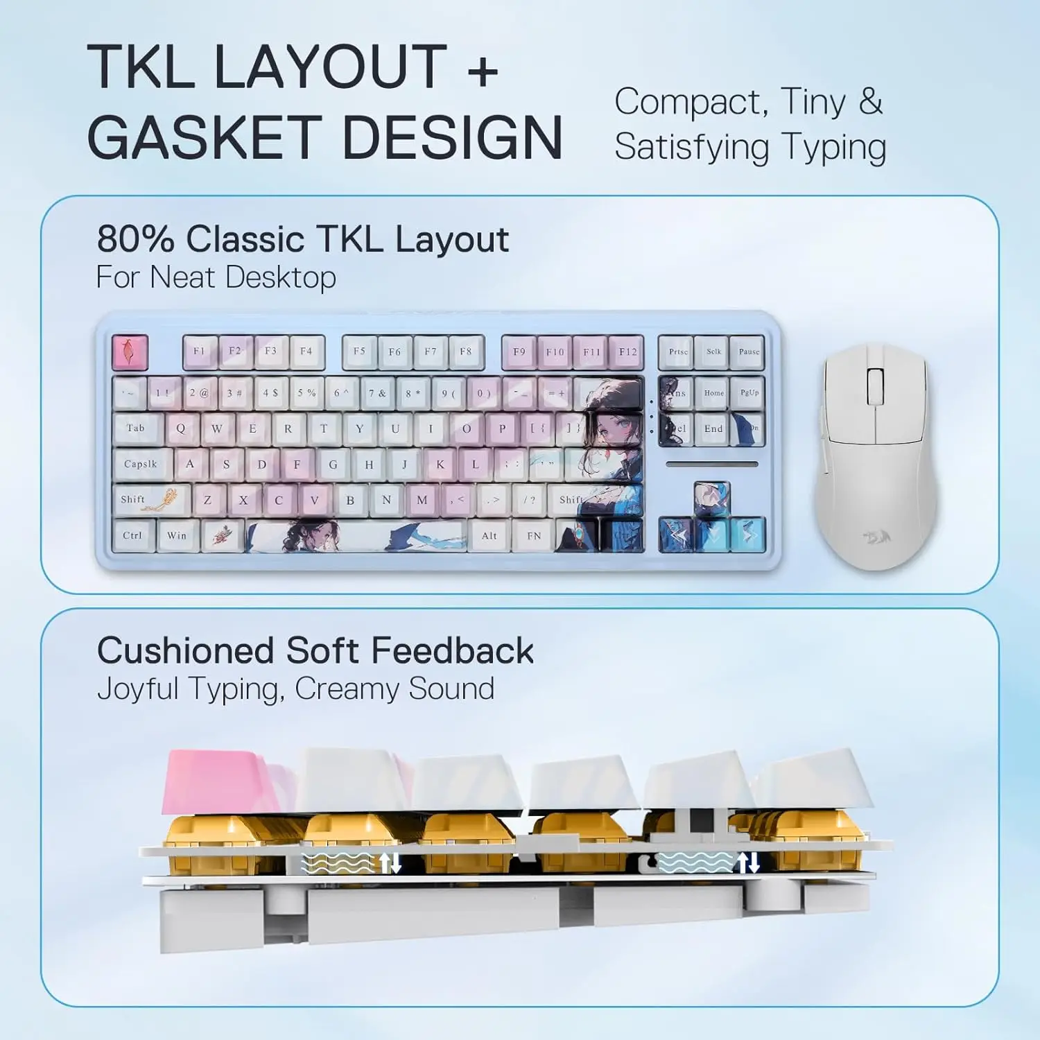 Redragon K728 PRO SE 80% 87 Keys Wireless Gasket RGB Gaming Keyboard, 3-Mode Anime Mechanical Keyboard