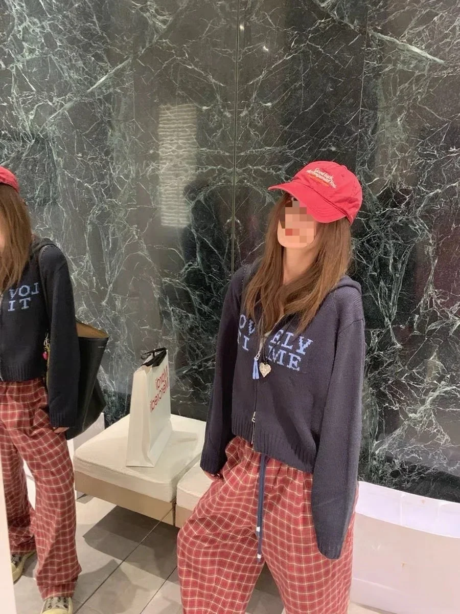 

Korean Sle ort Hoodie Sweatirt Embroidered Floral Letter Print Slim Fit Knitted Cardigan Women's Faion Early Autumn