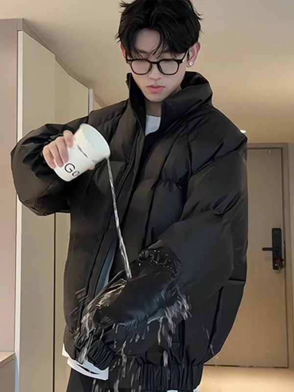 

High-End Men's Winter Padded down Jaet PU Leather Waterproof Thi Warm Loose Fit Stand Collar American High Street Sle