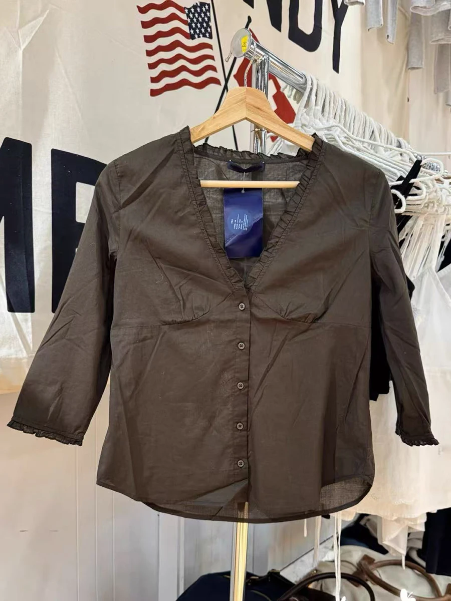 جديد براون القطن رقيقة الفطريات قمصان للنساء واحدة الصدر ثلاثة أرباع الخامس الرقبة البلوزات الحلو خمر بسيط تي شيرت بلوزة