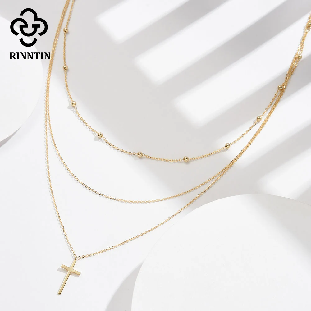 

Rinntin Винтаж стерлингового серебра 925 пробы в форме креста религиозный 3-слойный крест кулон ожерелье для женщин очаровательные ювелирные изделия подарки BQN07