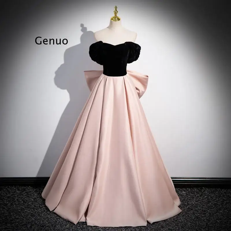 Women Luxe French Chic Off-the-Shoulder Velvet Panel Bow Embellishment Floor-Length High-End Dress Formal Banquet Evening Gown