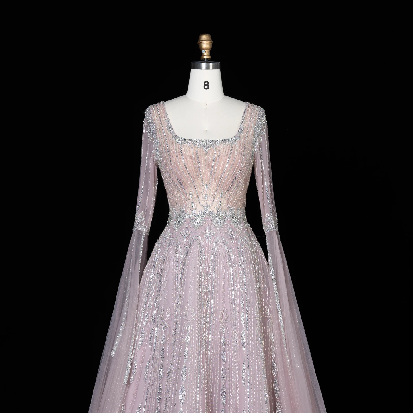 Sharon Said Luxuriöses Braunes Abendkleid mit Quadratischem Ausschnitt, Langen Glockenärmeln, Schwer Perlenbestickt, Dubai Formelle Partykleider SS065 Maßanfertigung – Detail 5