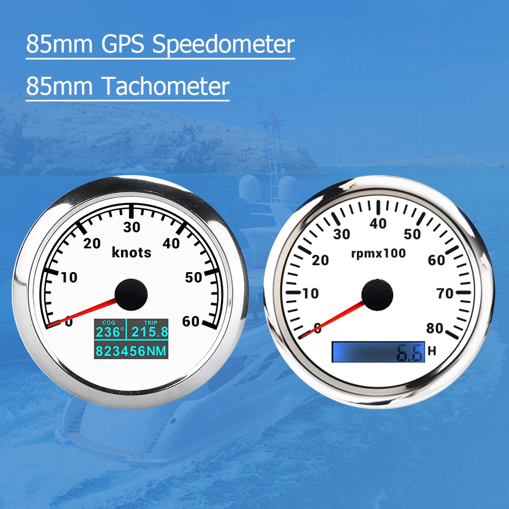 

RHAXEL Gauge Kit 3 3/8'' Speedometer GPS 60Knots Tachometer 8000RPM 12V 24V for Marine Yachts Vessels with 7 Colors Backlights