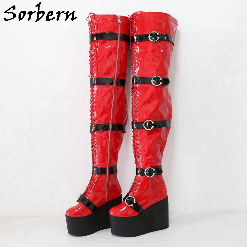 Sorbern 5 Straps Mid Thigh High Boots For Women Flatform Wedge High Heels Roundtoe Zipper Up Cutomized Wide Slim Legs