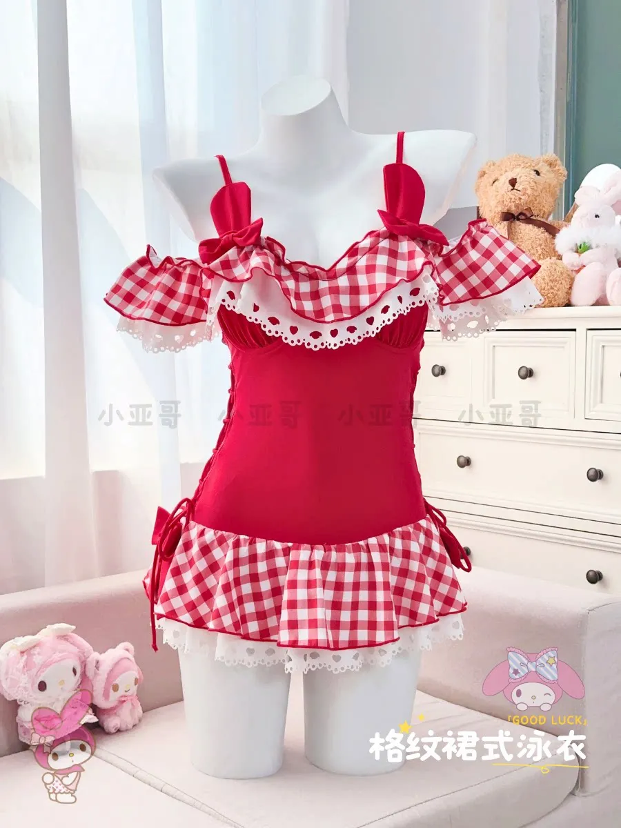 Sweet One-piece Swimsuit Women's Swimwear Bow Ruffle Edge Sling Kawaii Swimsuits for Girl Bathing Suits Summer Swimming Suit