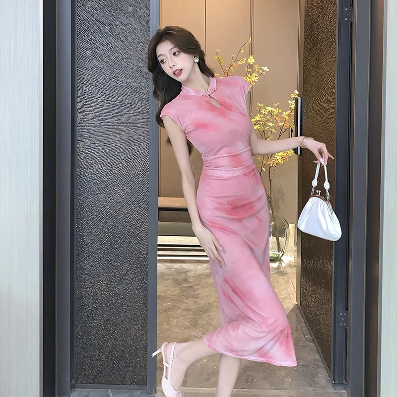 Nouvelle tendance nationale chinoise Sle bouton creux amélioré Midi Dr femmes rétro creux petit col montant taille vers l'intérieur Cheon...