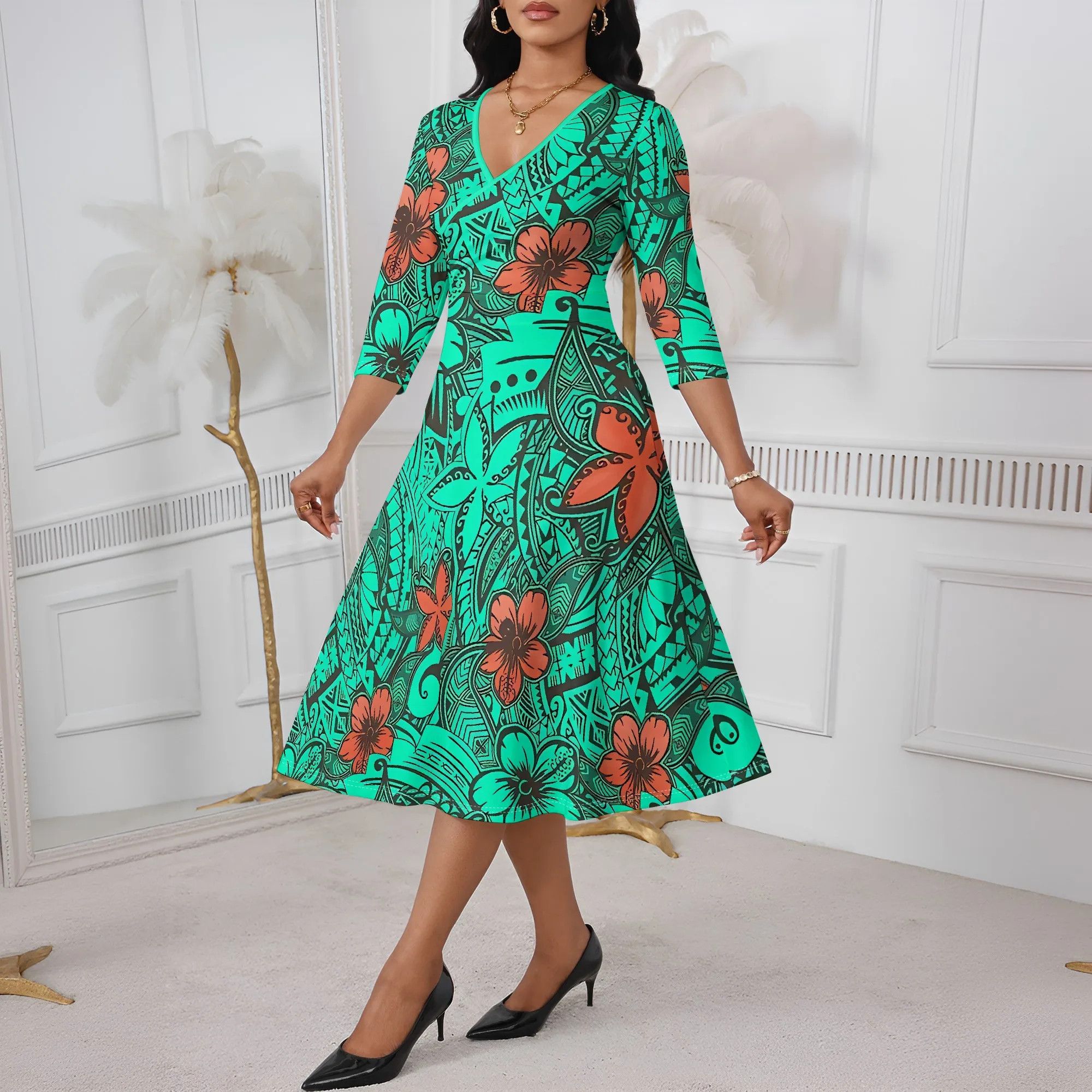 Nupusa Robe à imprimé tribal pour femme Taille régulière Robe mi-longue d'été décontractée à col en V et manches 3/4