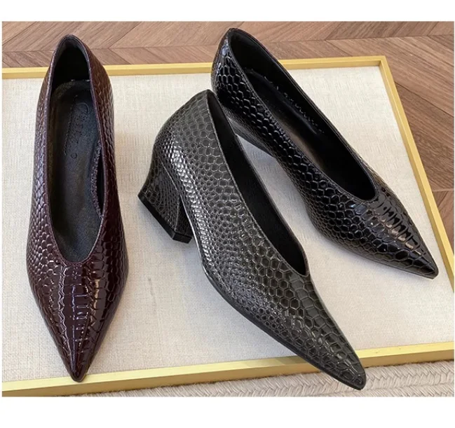 2027 New Snakeskin Pattern Pointed Toe Chunky High Heel Women Shoes Leather Wedges Dress  Fashion Autumn Women Shoes Lady Shoes