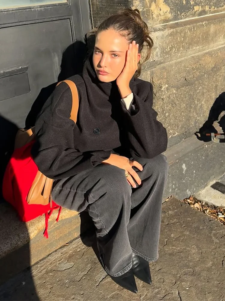 Elegant Women's Coat High Stand Collar Full Sleeve Double Breasted Solid Female Coats 2025 Autumn Fashion High Street Lady Top