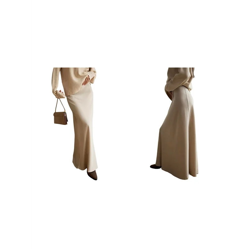 AOAO-jupes longues taille haute en satin pour femmes, jupe longue trapèze zippée