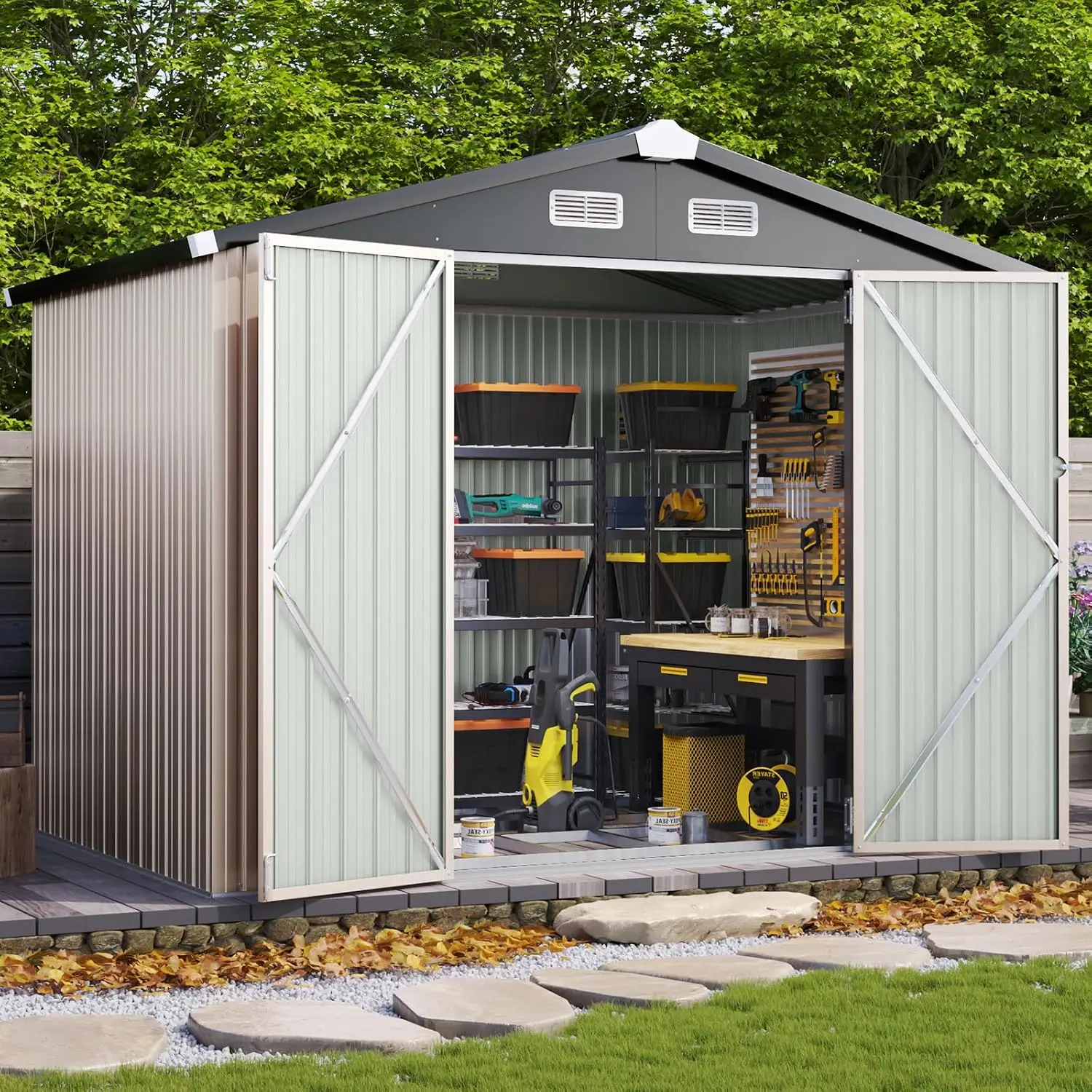 8'x6' Outdoor Storage Shed with Base, Brown | Metal Shed with Lockable Doors & Slooping Roof Garden Tool Shed for, Custom