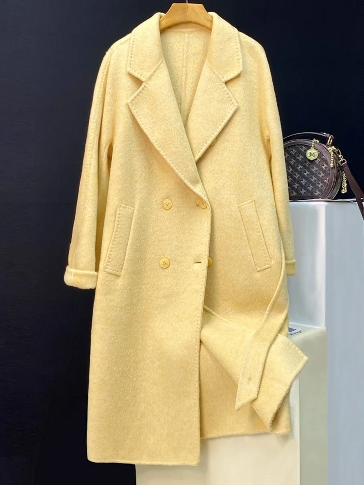 

2023 High End Double-sided Cashmere Coat for Women, Medium Length, Double Breasted, Tie Up, Thick Double Color Rabbit Velvet