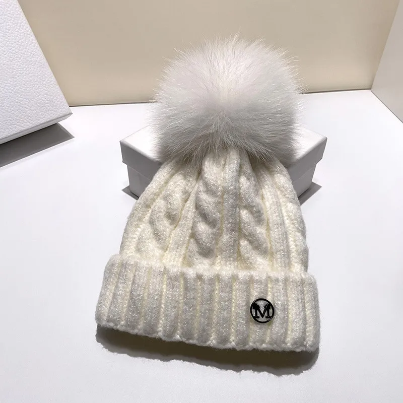 Real Fox fur ball autumn and winter warm woolen hat for baby aged 1-6 thick ear protection knitted hats students and children