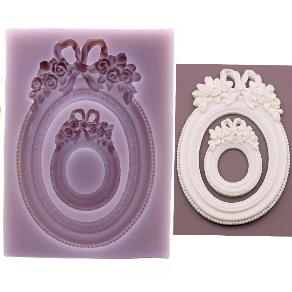 Vintage Oval Rose Bow Photo Frame Silicone Fondant Mold Cake Sugarcraft Mould Craft Embosser Wedding Baking Decorating Tool